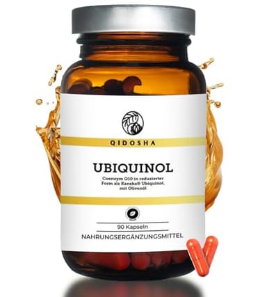 QIDOSHA® Kaneka Ubiquinol Kapseln hochdosiert, 100mg Ubiquinol je Kapsel, 90 Stk vegane Ubichinol Softgel-Kapseln, Coenzym Q10 flüssig, eingebettet in Olivenöl für optimale Bioverfügbarkeit