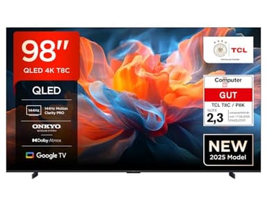 TCL 98T8C 98 Zoll QLED 4K HDR Ultra HD Fernseher, Smart TV mithilfe von Google TV (Dolby Vision Atmos, 144Hz Motion Clarity Pro, Game Bar, ALLM, FreeSync, Onkyo 2.1 Sound,Sprachsteuerung)