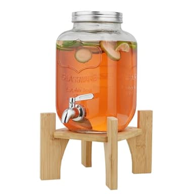 Hiziwimi 8L Getränkespender mit Ständer, Getränkespender aus Glas mit Zapfhahn aus massivem Edelstahl (8L-Glas mit Ständer aus Bambus)