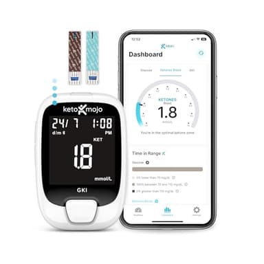 KETO-MOJO GKI Bluetooth Glukose- und Keton-Testkit (mmol/L) + kostenlose APP für Ketose- und Diabetes-Management. 20 Blutteststreifen (je 10), Messgerät, 20 Lanzetten, Stechhilfe und Kontrolllösungen