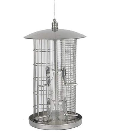 Dehner Natura Premium Wildvogel Futterspender Triple, 3-in-1 Futterstation für Wildvögel, Futterstelle wetterfest / hängend, inkl. Aufhängevorrichtung, Ø 22 cm, Höhe 36.5 cm, Metall, silber
