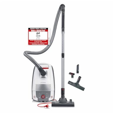 SEVERIN Bodenstaubsauger mit Beutel, leistungsstarker und leiser Staubsauger mit 360° Rollen, HEPA Filter, Zubehör für Teppich & Hartböden, weiß, rot, BC 7047