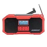 Albrecht DR 112, tragbares DAB+/UKW Outdoor Kurbelradio, 27911, SOS-Notruf, Taschenlampe, Solarmodul, PowerBank, IPX5 Wasserschutz Schwarz,rot