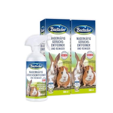 Bactador Enzymreiniger Nagerkäfig Spray 2 x 500ml - Geruchsentferner & Reiniger - Gegen Kot, Urin & Tiergerüche - Mikrobiologischer Geruchsneutralisierer - Porentiefe Reinigung in der Nagerumgebung