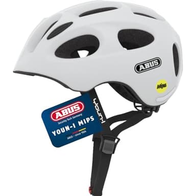ABUS Kinderhelm Youn-I MIPS - Fahrradhelm mit Licht, Reflektoren und Aufprallschutz (MIPS) - für Mädchen und Jungen - Weiß Matt, Größe M
