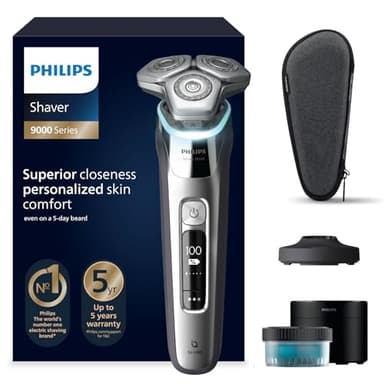 Philips S9000, elektrischer Nass- und Trockenrasierer für Herren, Lift & Cut-System und SkinIQ Technologie, ausklappbarem Trimmer, Reinigungsstation, Ladestation, Reiseetui, Chromsilber, S9975/54