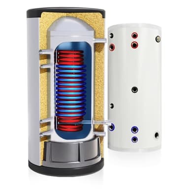 TECHGLOBE - Brauchwasserspeicher mit 2 Wärmetauscher (1.8 + 3.1 m²) - Komplett aus Edelstahl - Energieeffizient Warmwasserspeicher- mit 50mm Isolierung (300 L)