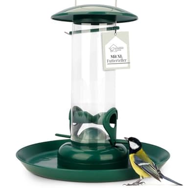 WILDLIFE HOME Körner Futtersäule mit XL Futterteller, Grün I Vogelfutterspender zum Aufhängen Garten & Balkon I Vogelfutterspender, Futterstation zur ganzjährigen Wildvögel Fütterung