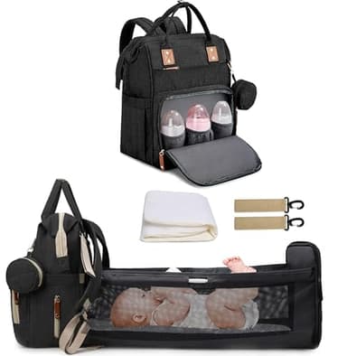 Fexkean Wickeltasche Rucksack Baby Wickelrucksäcke Reisewindeltasche mit faltbarem Kinderbett mit Multifunktions Babytaschen Wickelauflage Babybettrucksack(All Black)