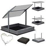 Sandkasten mit Dach 120x120 140x140 150x150 Imprägniert Modell 2025 mit Sonnenschutz mit UV 100+ Schutz Sandbox mit Sandkastenvlies Holz, Sandkiste Sandbox Anthrazit (140x140 Dach Grau)