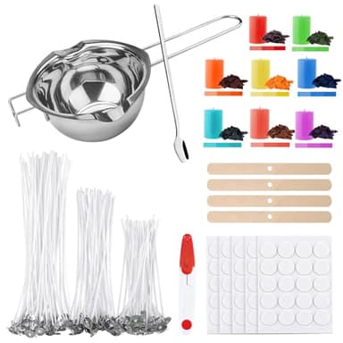 ALLAVA Kerzen Selber Machen Set, Kerzenherstellung Kit, Wachsschmelztopf und 100 Kerzendochte, 8 Kerzenfarbe, 100 Kerzen Aufkleber, 4 Dochthalter, Candle Making Kit für Erwachsene und Kinder, 480ml