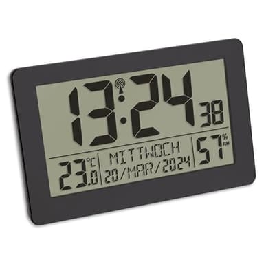 TFA Dostmann Digitale Funk-Wanduhr, 60.2557.01, mit Wecker mit 2 Alarmzeiten, großes Display, mit Temperaturanzeige, Datum, Wochentage, mit Hintergrundbeleuchtung, Tischuhr, 20 x 13cm, schwarz