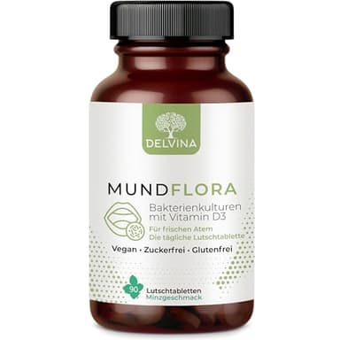 DELVINA Mundflora Lutschtabletten gegen Mundgeruch mit Bakterienkulturen - 90 vegane Tabletten mit Minze Geschmack - Frischer Atem gegen Mundgeruch - Mundhygiene ohne Mundspülung und Zungenreiniger