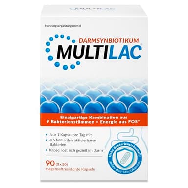 MULTILAC Darmsynbiotikum – 9 Bakterienstämme mit FOS für die Darmflora mit 4,5 Mrd. KBE pro Kapsel, magensaftresistente Kapseln, vegan, gluten- & laktosefrei, ohne Titandioxid, 90 Kapseln