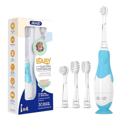 Seago Elektrische Zahnbürste Kinder ab 0-3 Jahr mit LED Licht, Weichen BPA-freiem Runder Gummierte Bürstenkopf, 2 Minuten Smart Timer, Wasserdicht IPX7, für Empfindliche Babyzähne, SG513(Blau)