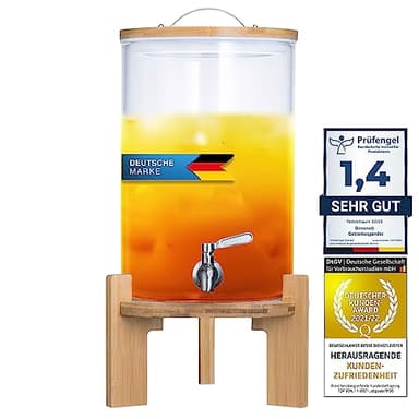 Getränkespender mit tropfsicheren Zapfhahn aus Edelstahl Wasserspender aus Glas mit Bambus Ständer und Deckel Limonadenspender aus hitzebeständigen Borasilikatglas (8 L)