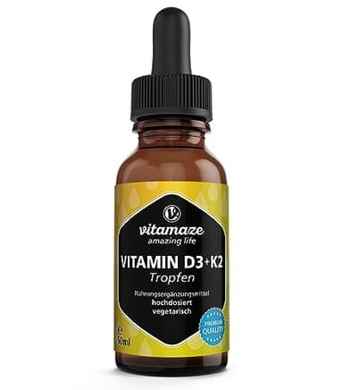 Vitamin D3 + K2 Tropfen hochdosiert, 50ml (1+ Jahre), 1000 IE Vitamin D3 + K2 flüssig, mehr als 99,7% All-Trans K2 MK-7, laborgeprüft und ohne unnötige Zusatzstoffe, Made in Germany