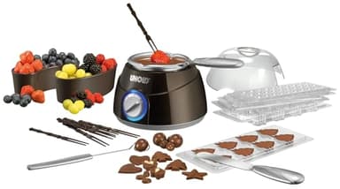 Unold 48667 Chocolatier, Schokobrunnen, Schokofondue Inkl. 6 Gießformen, 25 W, 2 Heizstufen, zum Schmelzen von Kuvertüre, Pralinenherstellung, Warmhalten (braun/silber)