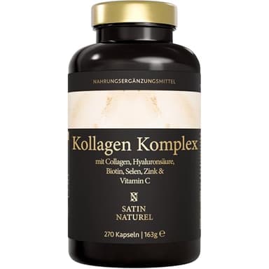 Satin Naturel Hyaluron Kollagen Komplex – 270 hochdosierte Kapseln mit Biotin, Selen, Zink, Vitamin C & Bambusextrakt – Für Haut, Haare & Nägel – Made in Germany