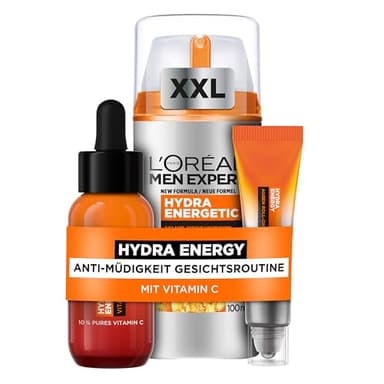 L'Oréal Men Expert Pflegeset gegen müde Haut für Männer, Mit XXL Gesichtscreme, Gesichtsserum und Augen Roll-On, Set für Herren mit Feuchtigkeitspflege Anti-Müdigkeit, Hydra Energy, 3-teilig