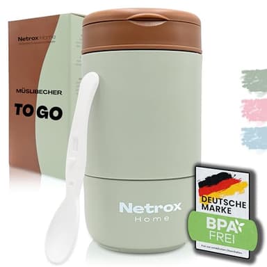 NetroxHome - Müslibecher To Go mit Löffel, Auslaufsicherer Joghurtbecher To Go aus Edelstahl, Lunchbox, Müslibecher - To Go Becher für Müsli, Joghurt, Porridge, Suppen - Müsli To Go Becher - Kinder