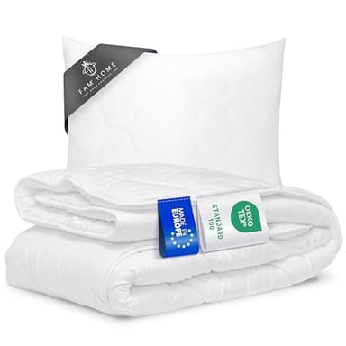 Fam‘ Home Bettdecke 135 x 200 cm und Bettkissen 80 x 80 cm Set – Allergiker Bettdecke & Ganzjahres-Mikrofaser Schlafkissen, maschinenwaschbar, Oeko-TEX® Zertifiziert