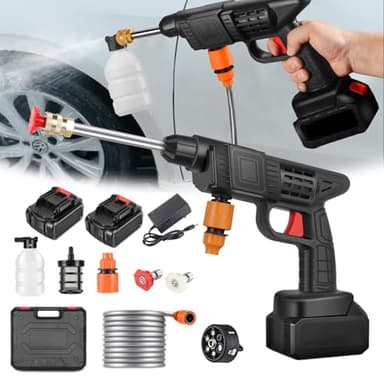 Akku Hochdruckreiniger, Max 90 Bar Tragbarer Mobiler Hochdruckreiniger mit 2 X 6000mAh Akku, 6 in 1 Multi-Sprühdüse, 5M Schlauch, Verlängerungslanze, Gartenhaustier Outdoor Autoreinigungswerkzeug
