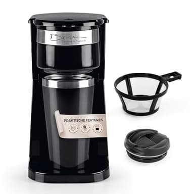 Barista Single Kaffeemaschine to go 750 Watt | kompakte Filterkaffeemaschine mit Thermobecher | kleine, tragbare Coffee to go Maschine | Inkl. Isolierbecher & Nylon-Permanentfilter - Schwarz, Silber