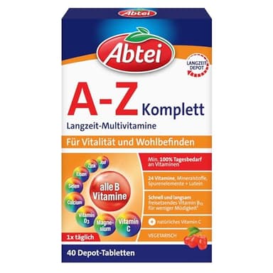 Abtei A-Z Komplett Langzeit-Multivitamine - mit natürlichem Vitamin C - Nahrungsergänzungsmittel für Vitalität und Wohlbefinden - laborgeprüft, hochdosiert und vegetarisch - 1 x 40 Tabletten