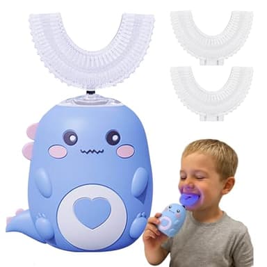 360º Ultraschall-Zahnbürste für Kinder, elektrische Zahnbürste mit 2 Köpfen Silikonbürste in U-Form, wiederaufladbar und wasserdicht – für Zuhause, Reisen, eine Verwendung (blau 6 ~ 12 Jahre)