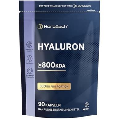 Hyaluron Kapseln Hochdosiert 800 kDa | 90 VEGANE Hyaluronsäure Kapseln | 500mg | Alternative zu Kollagen | Hyaluronic Acid | Vegane | von Horbaach