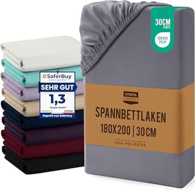 Utopia Bedding - Spannbettlaken 180x200cm Bis 30 cm - Grau - Oeko-Tex Zertifiziertes - Gebürstete Mikrofaser Spannbetttuch
