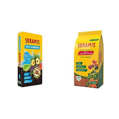 Seramis Torffreie, leichte Blumenerde, 12,5 l – extra lockere Pflanzenerde für Grün- und Blühpflanzen & Pflanz-Granulat für alle Zimmerpflanzen, 2,5 l – Pflanzen Tongranulat, Gelb