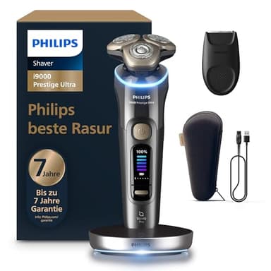 Philips Rasierer i9000 Prestige Ultra, Nass- und Trockenrasierer für Männer, dunkelgrau, Druck- und Bewegungssensor, Trimmeraufsatz, Ladestation und Reiseetui (Modell XP9402/11)