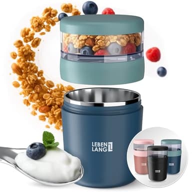 LEBENLANG Müslibecher To Go mit Löffel - Isolierende Edelstahlinnenwand & 650ml I Joghurtbecher to go Müslibecher Müsli to go Becher für Porridge Joghurt Yoghurt Kinder & Erwachsene Unterwegs