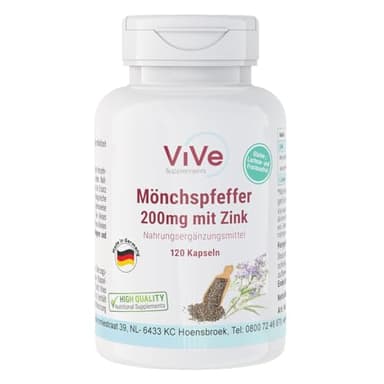 Mönchspfeffer 200mg mit Zink - 120 Kapseln - Vitex Agnus Castus - Hochdosiert - Vegan | Qualität aus Deutschland von ViVe Supplements
