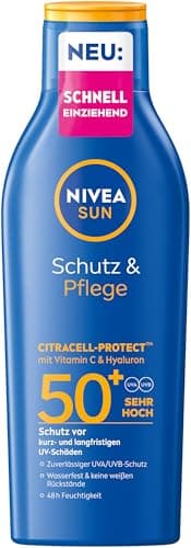 NIVEA SUN Schutz & Pflege Sonnenlotion LSF 50+, wasserfester Sonnenschutz mit Vitamin C & Hyaluron, schnell einziehende Sonnencreme für 48h Feuchtigkeit ohne weiße Rückstände (200 ml)