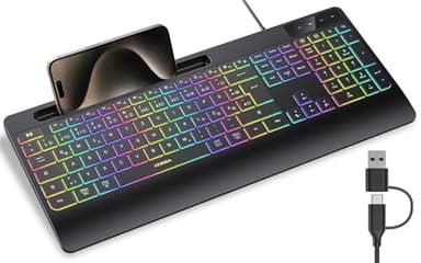 seenda KOE200 Kabelgebundene Tastatur beleuchtet, ergonomische Tastatur mit Handyhalter und Handballenauflage für PC/Tablet/Smarthandy/Windows/Mac, USB & Typ C Kabel, leise Klicken - QWERTZ Layout