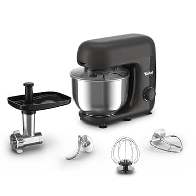 Tefal Bake Essential 4-in-1 Küchenmaschine, Backset + Fleischwolf, 800 W, 6 Geschwindigkeiten und Pulse-Funktion, Edelstahlschüssel, 4,8 Liter Kapazität, Schwarz, QB161H38