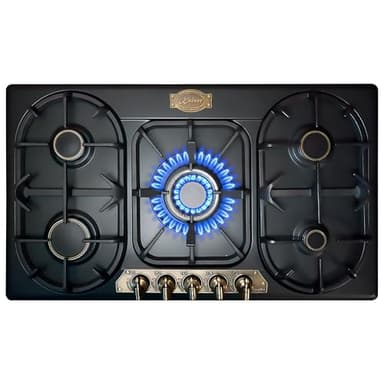 Kaiser Gaskochfeld 90 cm KG 9325 Em Turbo Wokbrenner, Retro Empire Gas Kochfeld 5 Brenner, Einhandzündung, Gusseisenroste, Erdgas/Propangas, Gaskochfeld Einbau Schwarz Premium
