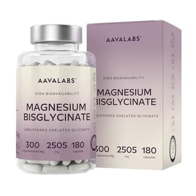 Magnesium Bisglycinat Hochdosiert 2505mg | 300mg Elementares Magnesium, Glycinat Kapseln Vegan - Ungepuffertes Magnesiumglycinat Chelat - 180 Bisglycinat Kapseln