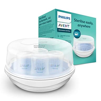 AVENT Mikrowellen Sterilisator, Dampf-Sterilisator für bis zu 4 Babyflaschen, Schnuller und Zubehör, weiß (Modell SCF281/02)