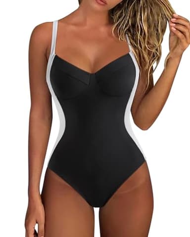RXRXCOCO V Ausschnitt Badeanzug Damen Bauchweg Push Up Shape Bademode Rückenfrei Badeanzug Mit Cups Swimsuit Schwarz Weiß L