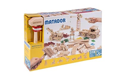 Matador Kinder Baukasten ab 5 Jahren 318-tlg. - Spannendes Holz Konstruktionsspielzeug zur Schulung von Kreativität und Feinmotorik, Bauspielzeug mit Stäbchen, Klötzen, Hammer & Zange