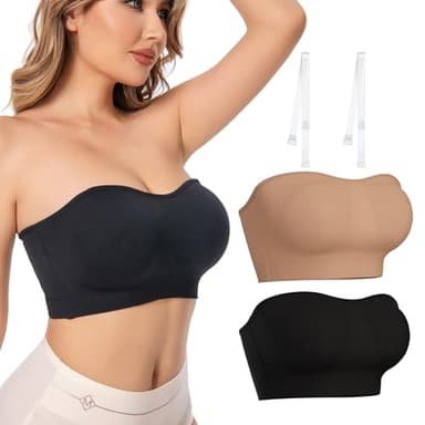 2 Stück Bandeau BH Damen Trägerloser BH Push Up Bustier Top ohne Bügel Schulterfrei Bra Tube Top mit Rutschfester Silikon Transparente Träger Beige+Schwarz L