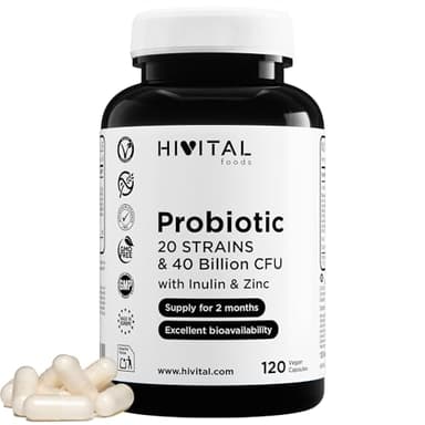 Probiotikum 20 Stämme, 40 Milliarden KBE mit Inulin und Zink. 120 magensaftresistente vegane Kapseln für eine 2-monatige Kur. Probiotika und Präbiotika. Hergestellt von HIVITAL