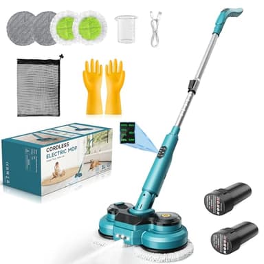 Kabellos Elektrischer Mopp mit 2x2000 mAh Akkus,Elektrischer Wischmopp mit Sprühfunktion/LED Beleuchtung/Smart Display,Wischmopp Poliermaschine mit 300 ML Wassertank,4Pads für Verschiedene Bodenbeläge