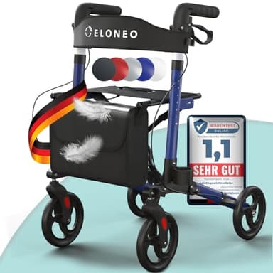 ELONEO Rollator faltbar und leicht mit Sitz, Leichtgewicht-Reiserollator aus Aluminium, Gehhilfe 8-fach höhenverstellbar, Laufhilfe 3-fach faltbar für Kofferraum, Tasche & Schirmhalter Blau