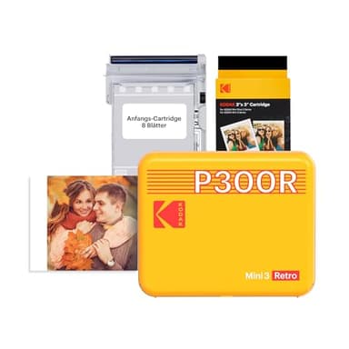 KODAK P300 Mini 3 Retro, Mobiler Handy Fotodrucker, Kompatibel mit Smartphone (iOS & Android), Bluetooth, 76x76 mm, 4Pass-Technologie, Laminierung, 68 Blatt, Gelb