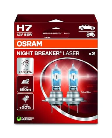 Osram NIGHT BREAKER LASER H7, +150% mehr Helligkeit, Halogen-Scheinwerferlampe, 64210NL-2HB, 12V PKW, Hängebox (2 Lampen)
